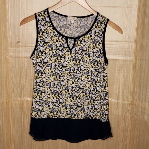 Emi & Joe Womens Navy Blue Floral Textured Top With Sheer Hem Medium - Picture 1 of 7